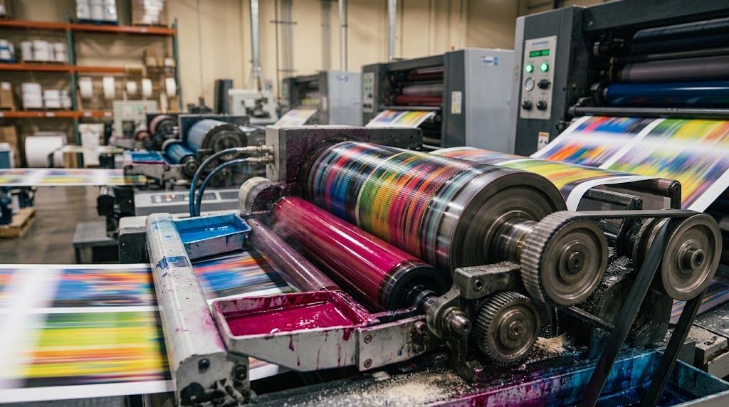 A screen printing press mid-run